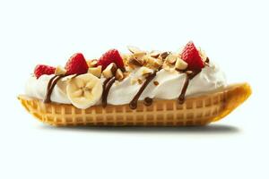 A delicious Banana split ice cream dessert with chocolate syrup. Banana split ice cream dessert by AI Generated photo