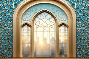 Eid mubarak and ramadan kareem greetings with islamic lantern and mosque. Eid al fitr background. Eid al fitr background of window concept by AI Generated photo