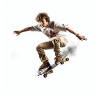 A caucasian man doing tricks or jumping on a skateboard at the street. Young man with skater jumping concept by photo