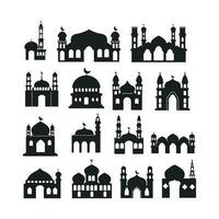 Mosque silhouette for Ramadhan Kareem. Mosque or masjid. Monochrome icons on white background. Muslim worship place symbol. vector