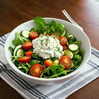 Fresco y sano caprese ensalada con queso, Cereza tomate, y verde vegetales en de madera plato ai generativo foto