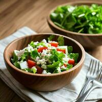 Fresh Greek Salad in Wooden Bowl with Fork and Vegetables Ai generative photo