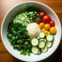 fresco, verde frutas y vegetales en un bol, sano y orgánico ai generativo foto