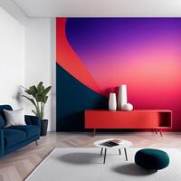 A living room with a colorful wall and a couch photo