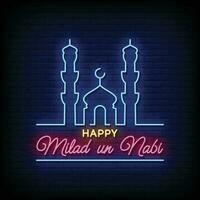 Neon Sign happy milad nabi with brick wall background vector