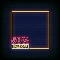 Neon Sign 50 percent sale off with brick wall background vector