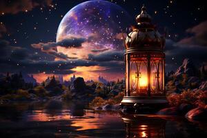 Eid mubarak and ramadan kareem greetings with islamic lantern and mosque. Eid al fitr background. Eid al fitr background of window concept by photo