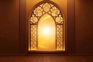 Eid mubarak and ramadan kareem greetings with islamic lantern and mosque. Eid al fitr background. Eid al fitr background of window concept by AI Generated photo