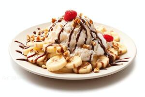 A delicious Banana split ice cream dessert with chocolate syrup. Banana split ice cream dessert by photo