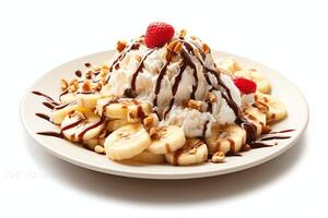 A delicious Banana split ice cream dessert with chocolate syrup. Banana split ice cream dessert by AI Generated photo