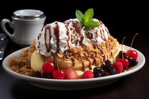 A delicious Banana split ice cream dessert with chocolate syrup. Banana split ice cream dessert by photo