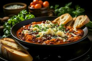 A delicious minestrone soup food in a bowl. Italian food and healthy protein soup meal concept by AI Generated photo