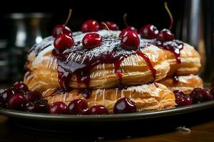 Homemade of delicious pastry or pancakes with fruit danishes and cherry. Danish pastry and dessert concept by AI Generated photo