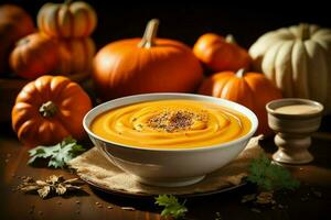 A delicious pumpkin soup food cream in a bowl. Winter food and high healthy soup meal concept by AI Generated photo