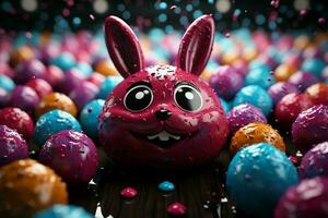 Happy bunny with many easter eggs on easter day concept. Easter day background with bunny, sweets or colorful decorative eggs. Painted eggs on straw nest and flower. Easter celebration by AI Generated photo