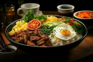 Nasi goreng indonesian traditional food. Fried rice chicken with eggs and spicy spices by frying concept by AI Generated photo