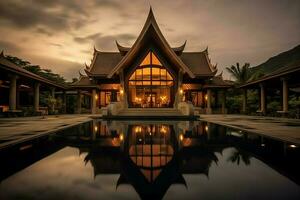 tailandés balinés lujo villa con infinito nadando piscina. un tropical jardín en ubud bali Indonesia concepto por ai generado foto