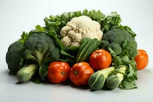 colección mezcla Fresco vegetales y frutas para un ensalada. sano dieta concepto y vegetales comida por ai generado foto