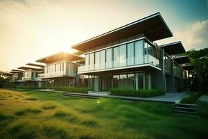 Beautiful modern house exterior with grass. field Modern residential district and minimalist building concept by AI Generated photo