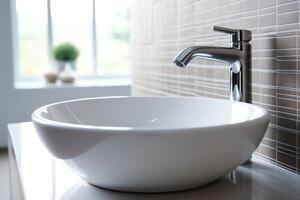Modern public bathroom with row of white ceramic wash sink basins and faucet with mirror in restroom concept by photo