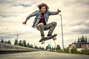 un caucásico hombre haciendo trucos o saltando en un patineta a el calle. joven hombre con patinador saltando concepto por ai generado foto