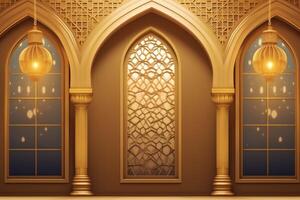 Eid mubarak and ramadan kareem greetings with islamic lantern and mosque. Eid al fitr background. Eid al fitr background of window concept by photo