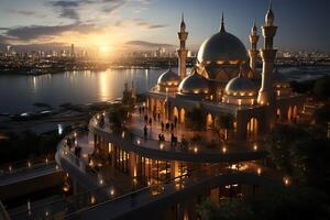 Awesome buildings of mosque in ramadan vibes. Ramadan kareem eid mubarak islamic mosque concept by AI Generated photo