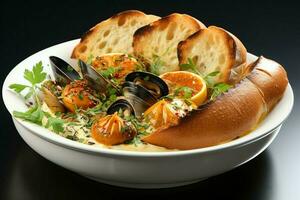 A delicious bouillabaisse soup food in a bowl. Marseille food and healthy protein soup meal concept by AI Generated photo