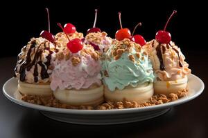 A delicious Banana split ice cream dessert with chocolate syrup. Banana split ice cream dessert by AI Generated photo