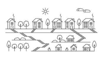 Houses with hill and steps in village, line art. Landscape and residential building. Exterior home in country landscape. Vector outline illustration