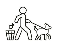 Clean waste in trash after dog, line icon. Pet owner throws bag with poop in trash bin, sign. Vector illustration