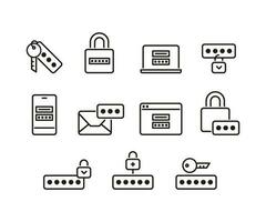 Security password of account with key, lock technology, line icons set. Personal code on lock, smartphone, computer, account on site. Authorization security, secure key. Editable stroke. Vector sign