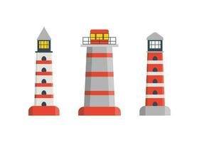 Lighthouse set, tower for signal beacon. Building on sea coast landscape. Element in simple flat style. Sign of lighthouse for safety and tourism. Vector illustration