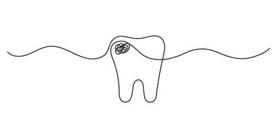 Carious tooth, continuous art line drawing. Dentistry health of teeth. Destruction of integrity of tooth. Single hand drawn outline style. Vector illustration