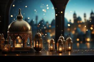 Eid mubarak and ramadan kareem greetings with islamic lantern and mosque. Eid al fitr background. Eid al fitr background of window concept by AI Generated photo