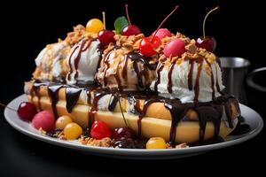 A delicious Banana split ice cream dessert with chocolate syrup. Banana split ice cream dessert by AI Generated photo