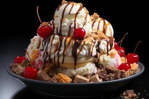 A delicious Banana split ice cream dessert with chocolate syrup. Banana split ice cream dessert by photo