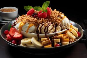A delicious Banana split ice cream dessert with chocolate syrup. Banana split ice cream dessert by photo