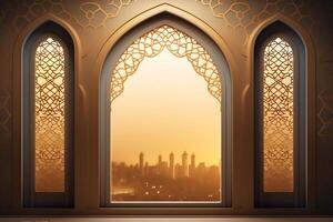 Eid mubarak and ramadan kareem greetings with islamic lantern and mosque. Eid al fitr background. Eid al fitr background of window concept by AI Generated photo