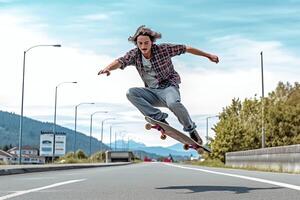 A caucasian man doing tricks or jumping on a skateboard at the street. Young man with skater jumping concept by AI Generated photo