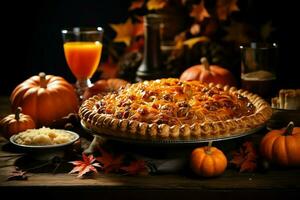 Thanksgiving day meal with pie, pumpkin, oranges, or roasted chicken in oven form. Thanksgiving food concept by AI Generated photo