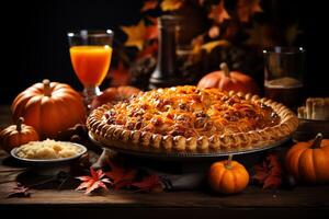 Thanksgiving day meal with pie, pumpkin, oranges, or roasted chicken in oven form. Thanksgiving food concept by photo
