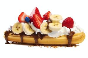 A delicious Banana split ice cream dessert with chocolate syrup. Banana split ice cream dessert by photo