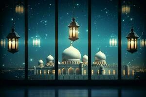 Eid mubarak and ramadan kareem greetings with islamic lantern and mosque. Eid al fitr background. Eid al fitr background of window concept by AI Generated photo