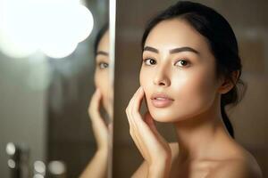 atractivo frescura asiático mujer limpiar cara Fresco agua con cuidado Mira a espejo en baño hogar concepto por ai generado foto
