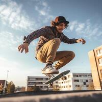 un caucásico hombre haciendo trucos o saltando en un patineta a el calle. joven hombre con patinador saltando concepto por ai generado foto