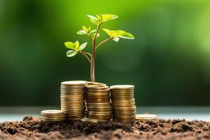 Business growth with a growing tree on a coin. Showing financial developments. Financial planning concept by AI Generated photo