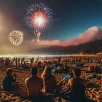 un hombre y mujer Pareja acecho vistoso Fuegos artificiales a playa para celebrar fiesta o contento nuevo año concepto por ai generado foto