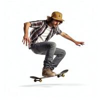 A caucasian man doing tricks or jumping on a skateboard at the street. Young man with skater jumping concept by photo