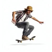 A caucasian man doing tricks or jumping on a skateboard at the street. Young man with skater jumping concept by AI Generated photo